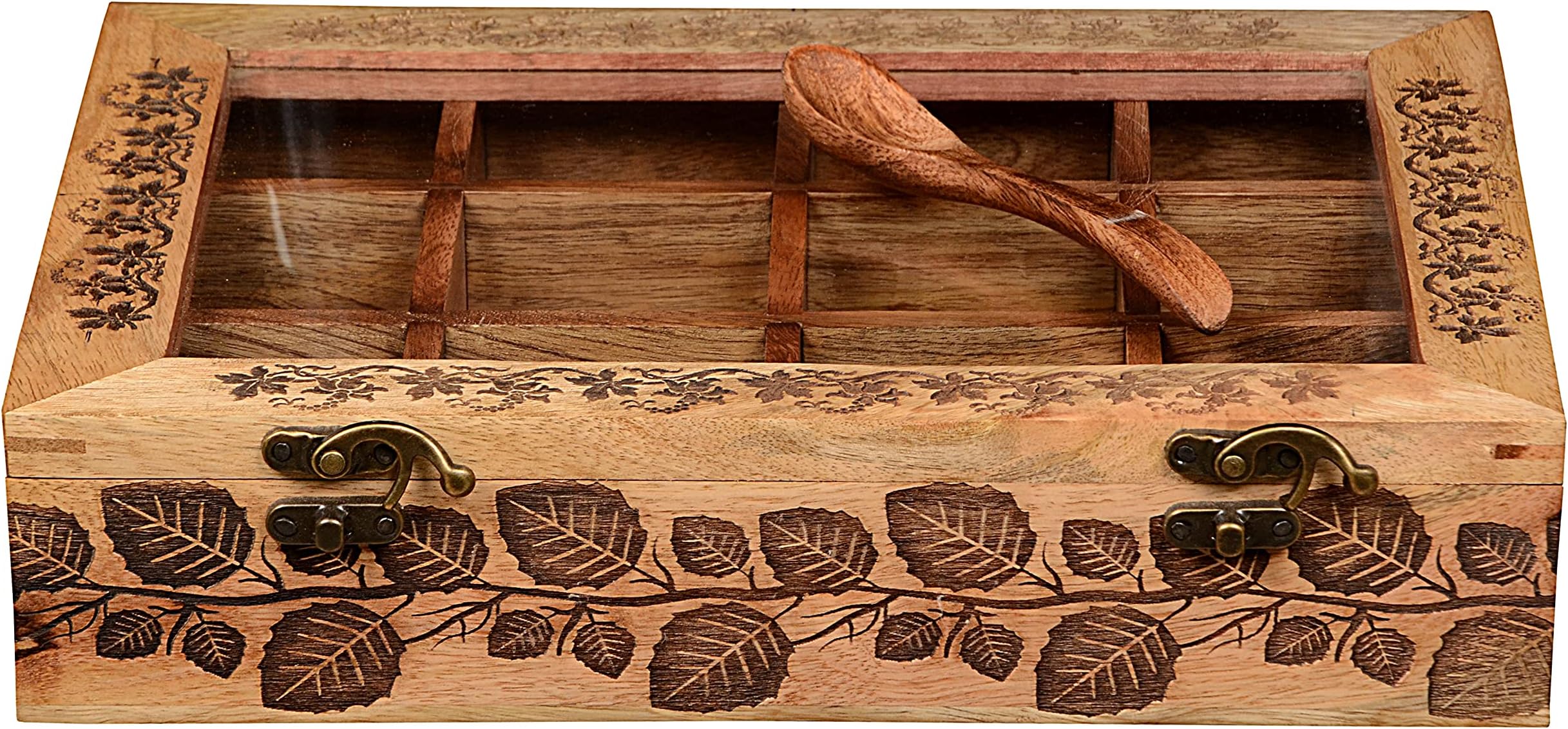 Nagina Shilp Craft Wooden 12 Containers Multipurpose Spice Box with Spoon [Masala Dabba] Masala Box [Spice Box for Table] (30x22.5x7Cm Extra Large) wooden large spice box for kitchen