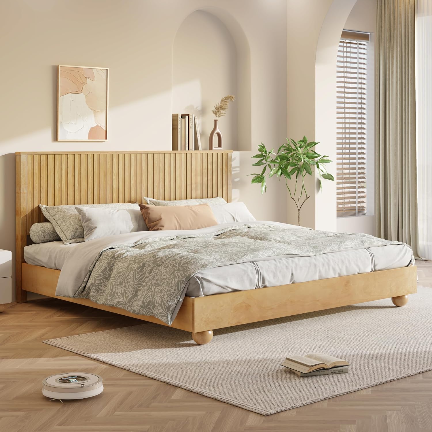 Christopher Knight Home Calden Farmhouse King Size Bed Frame with Headboard, Natural Wood King Size Platform Bed Frame, Wooden King Size Bed Set, No Box Spring Needed, Easy Assembly, Natural Brown