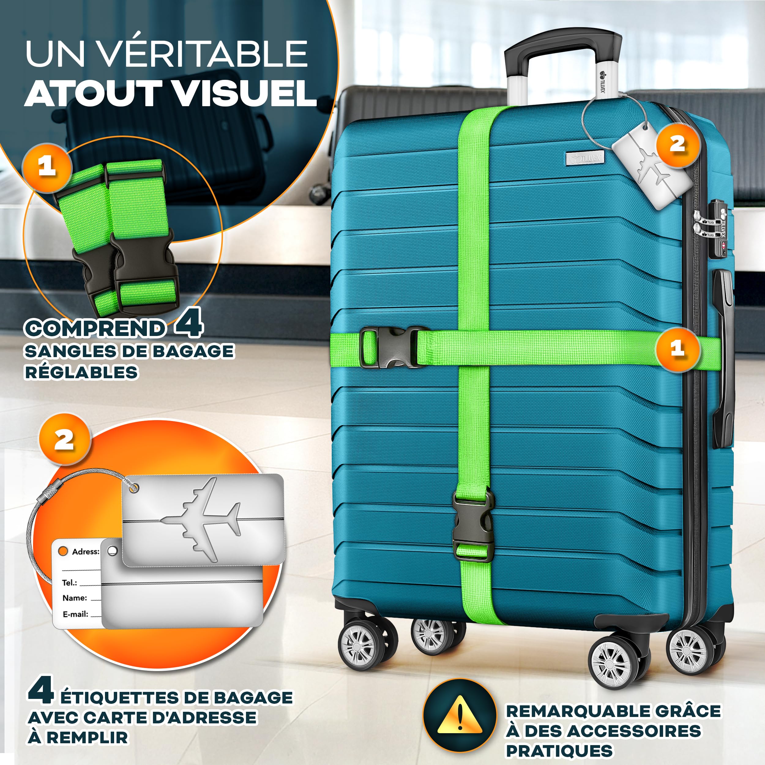 tillvex® Set de 4 Valises de Voyage + Balance, 4 Sangles à Bagages et 4 étiquettes à Bagages | Lot de valises avec roulettes et TSA Lock | Sacs de Voyage à Coque Rigide S-M-L-XL (Turquoise)