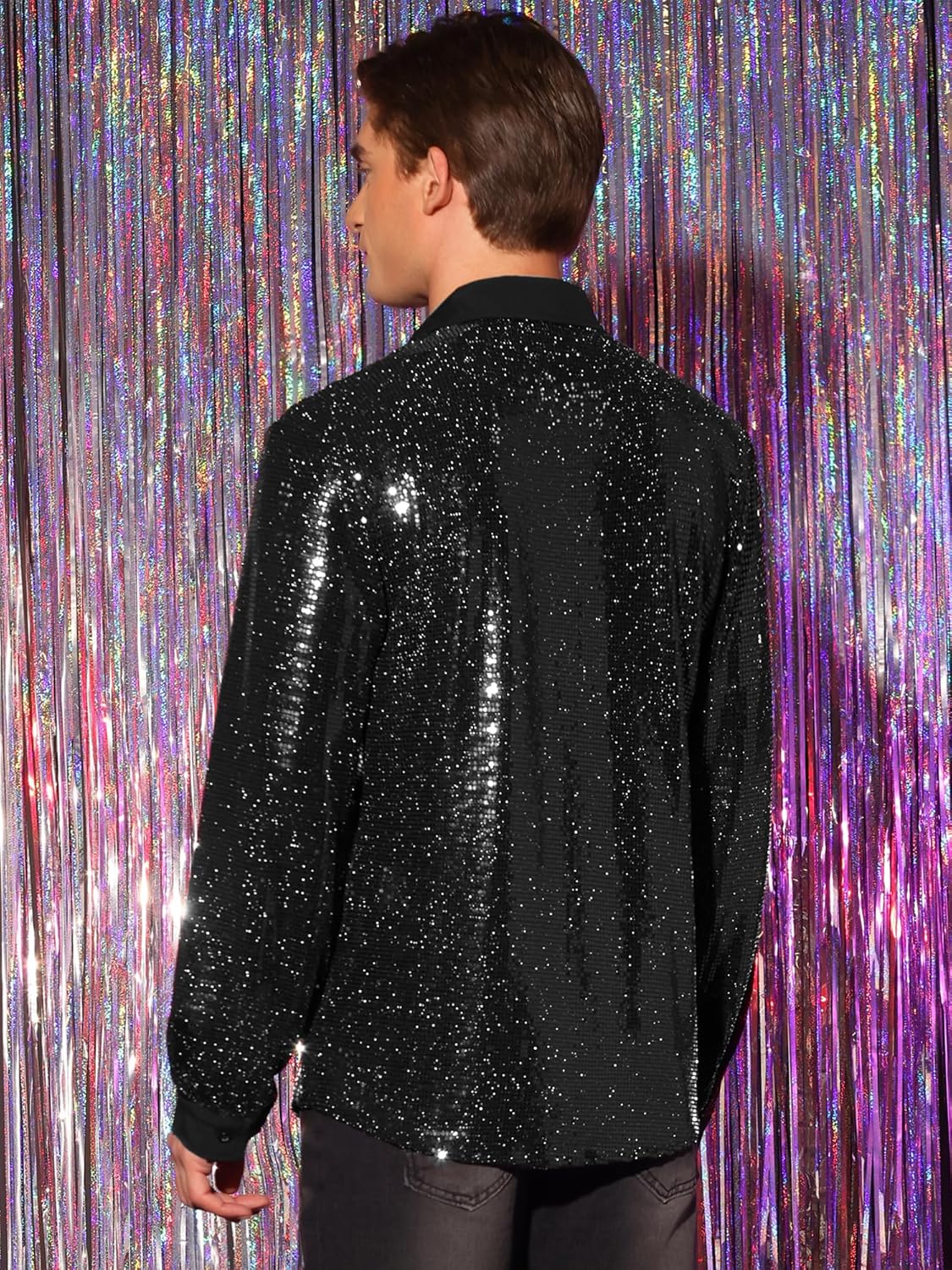 Lars Amadeus Sequin Shirts for Men's Long Sleeves Button Down Disco Party Metallic Shiny Shirts
