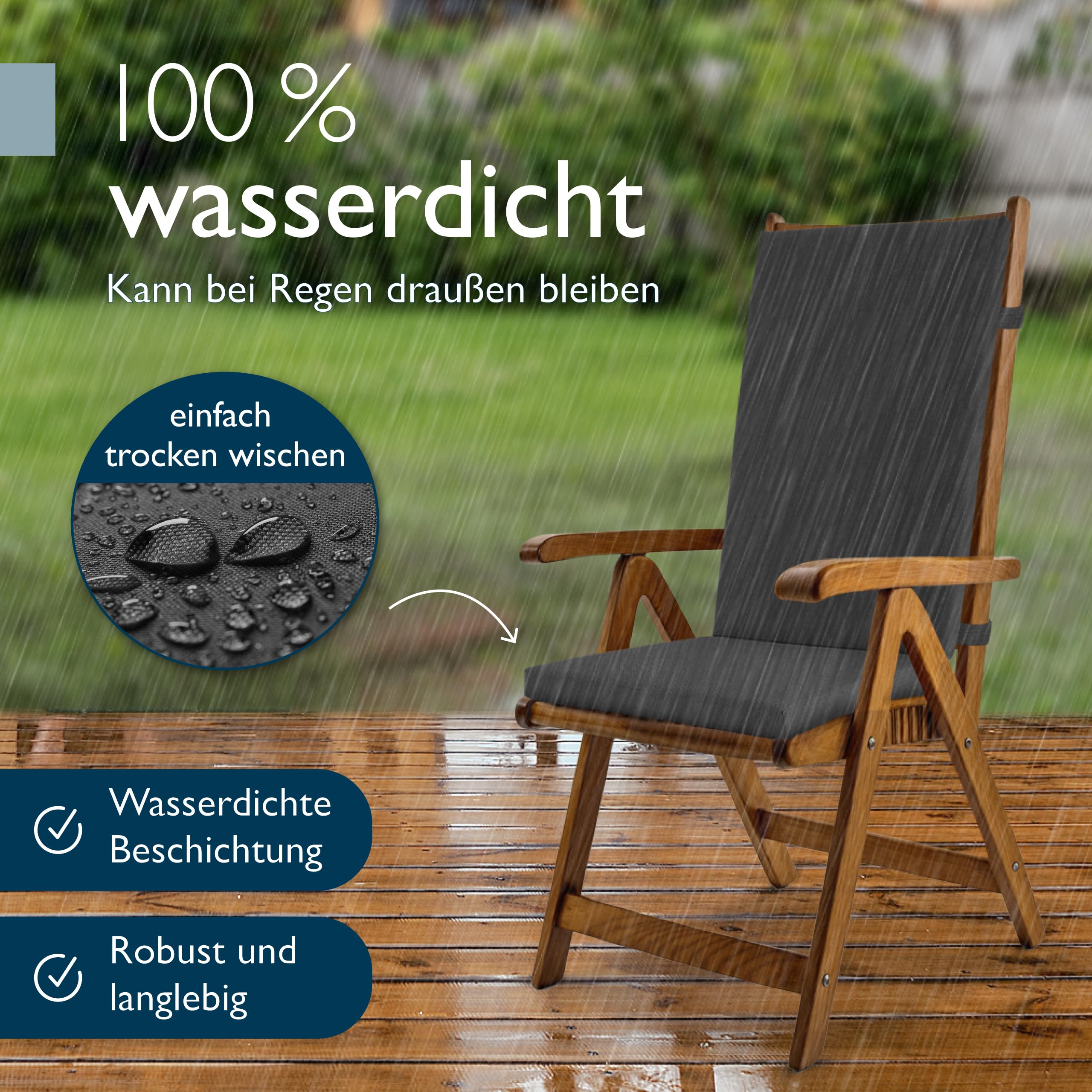Beautissu 4er Set Premium Hochlehner Auflage 100% Wasserdicht Pflegeleicht | 120x50cm Anthrazit UV-beständig Bequem Waschbar Sitzkissen Gartenstuhl Polsterauflage Gartenmöbel Stuhlauflage Quick Dry