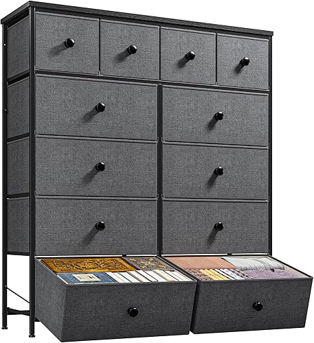 Cómoda alta para dormitorio con 12 cajones de tela y cómodas, cómoda de dormitorio con marco de metal, parte superior de madera, armario de entrada,