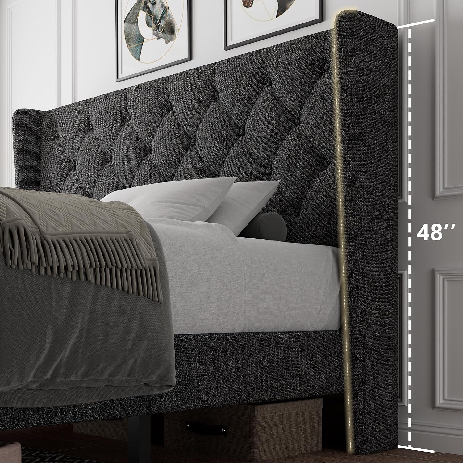 iPormis Queen Size Platform Bed Frame with Button Tufted Headboard, Upholstered Bed Frame with Solid Wooden Slats, 8" Underbed Space, No Box Spring Needed, Noise Free, Easy Assembly, Dark Gray