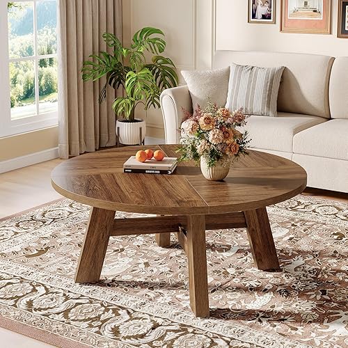 Miniatura 3 de Tribesigns Mesa auxiliar redonda, mesas de centro redondas modernas de mediados de siglo con soporte cruzado reforzado, mesa central baja de madera