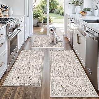 3-Piece Kitchen Rug Set of 3 with Runner – Non-Slip Washable Boho Kitc...