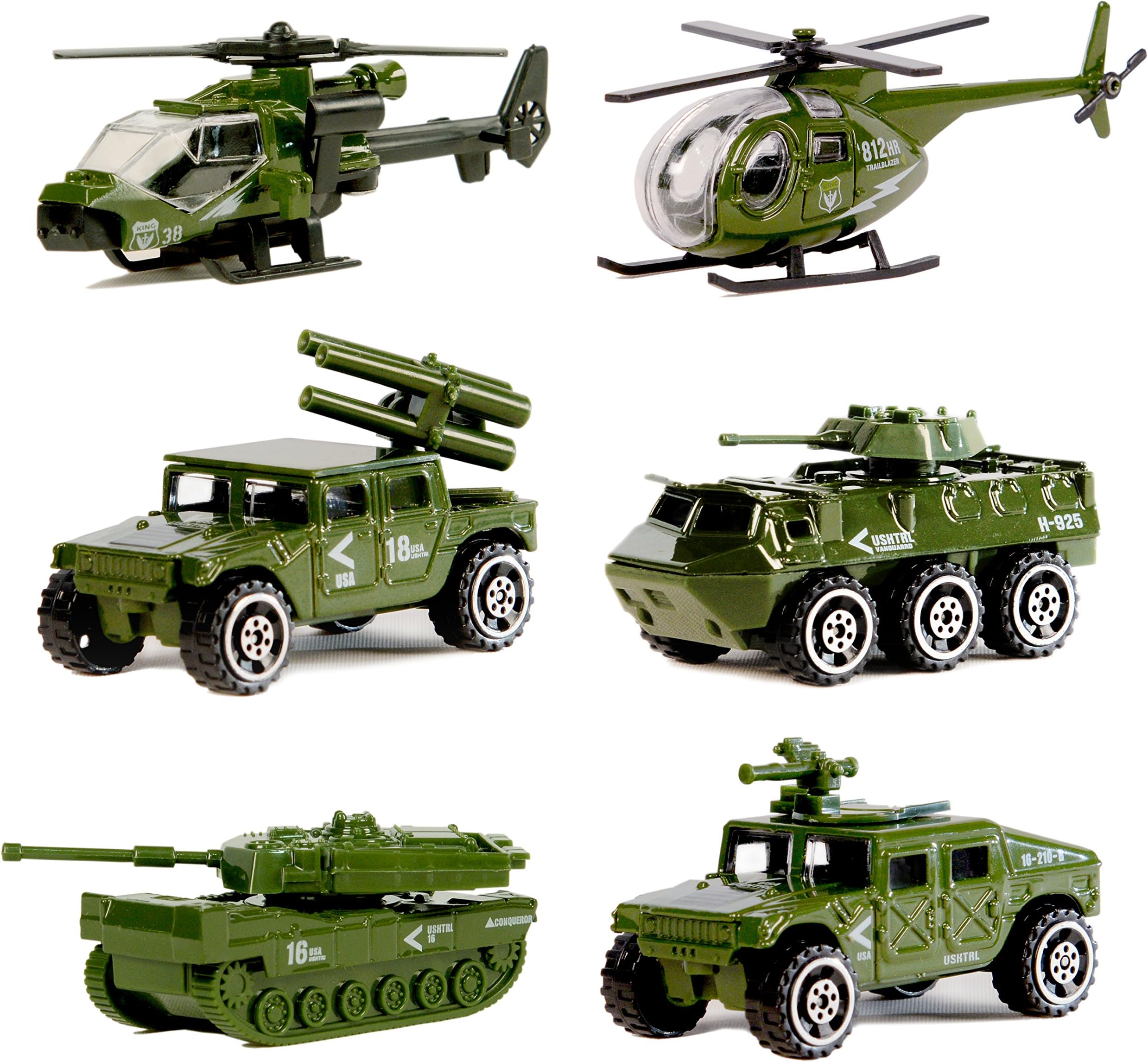 Original Color Die-Cast Metal Military Vehicles Playset, 6 Pack Assorted Army Vehicle Alloy Models Car Toys, Mini Toy Tank, Jeep, Panzer, Anti-Air Vehicle, Helicopter for Kids Toddlers Boys
