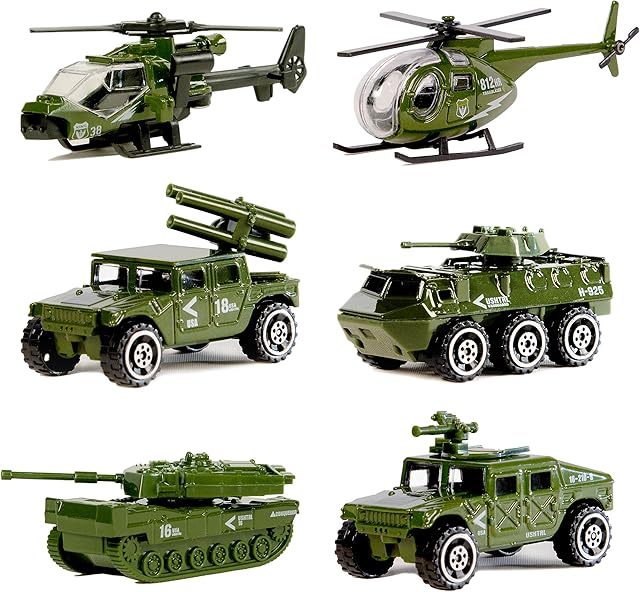 Nunki Toy Die-cast Metal Military Vehicles Playset,6 Pack Assorted Army Vehicle Alloy Models Car Toys, Mini Army Toy Tank,Jeep,Panzer,Anti-Air Vehicle,Helicopter for Kids Toddlers Boys