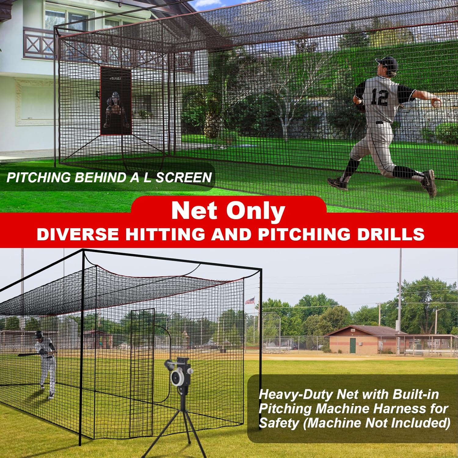 Baseball Softball Batting Cage Net with Realistic Catcher, Net Only, Backyard Practice Batting Cage Net, Heavy Duty Multi-Purpose Sports Net with Door