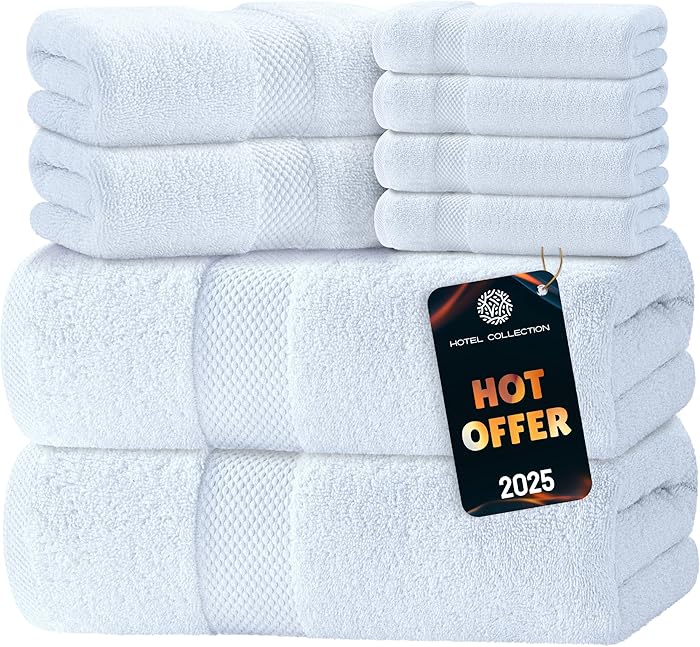 Luxury White Bath Towel Set of 8 Pieces - 100% Turkish Cotton 700 GSM Highly Absorbent Towels for Bathroom, 2 Bath Towels, 2 Hand Towels, 4 Washcloths