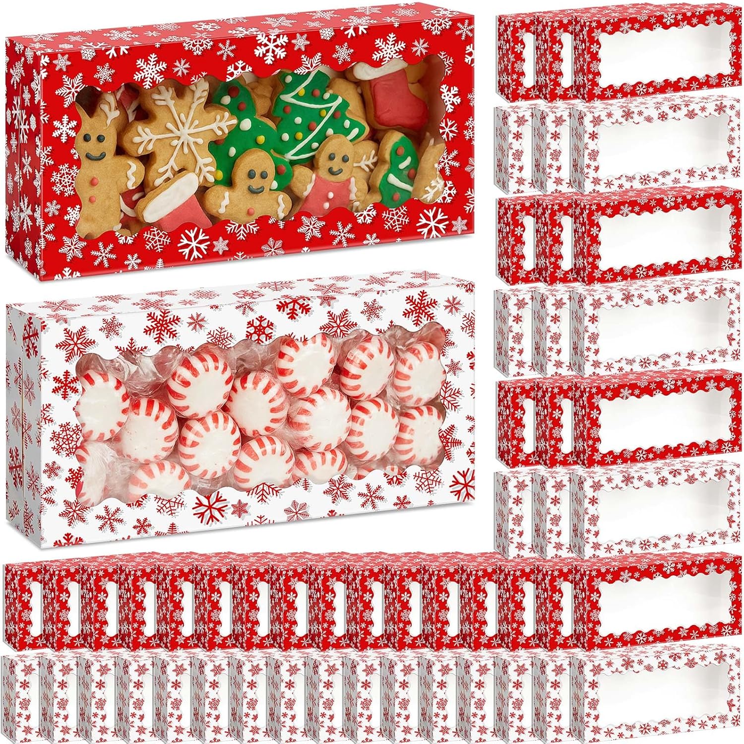 Tenceur 100 Pieces Christmas Cookie Boxes with Window & Lid 12.5 x 5.5 x 2.5 Inch Red and White Snowflake Bakery Boxes Christmas Xmas Candy Treat Food Container for Xmas Gift Wrapping Party Favor 100 Chritsmas