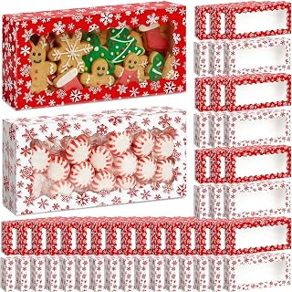 Tenceur 100 Pieces Christmas Cookie Boxes with Window 12.5 x 5.5 x 2.5 Inch Red and White Snowflake Bakery Boxes Christmas Xmas Candy Treat Food Container for Xmas Gift Wrapping Party Favor Supplies