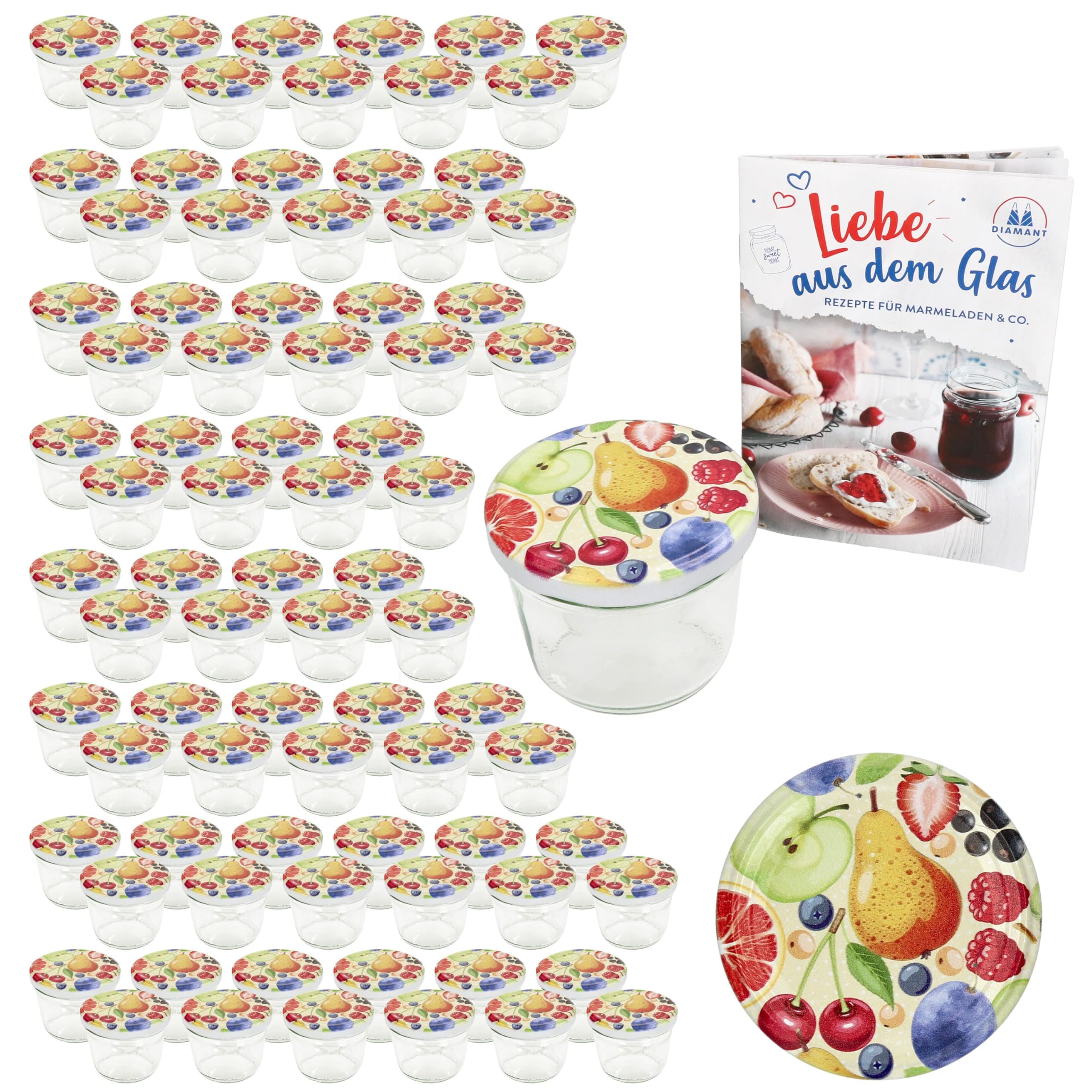 MamboCat 100er Set Sturzglas 230 ml mit Schraub-Deckel Comic-Obst I Einmachgläser + to 82 Deckel mit Diamant-Zucker-Rezept I Vorratsgläser einkochen & konservieren