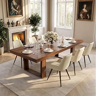 Miereirl 7-Piece Modern Farmhouse Dining Table Set, 86.6" x 47.2" Sturdy Stable Dining Table with 6 Chairs, Rectangular Kitchen Table Set for 6,(Walnut Table+6 Beige Chairs)