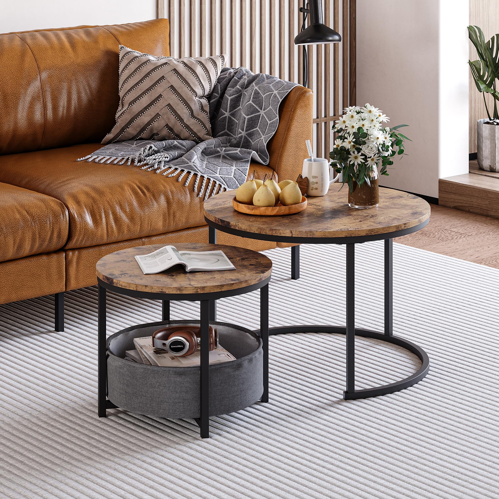 FOUBAM Couchtisch Rund, 2er Set Sofa Couchtisch Industrial Style, verschachtelte Beistelltische aus Metall und Holz, Vintage Sofa Tisches, Metall Satztisch Aufbewahrungstasche aus Stoff Braun Küche, Haushalt & Wohnen