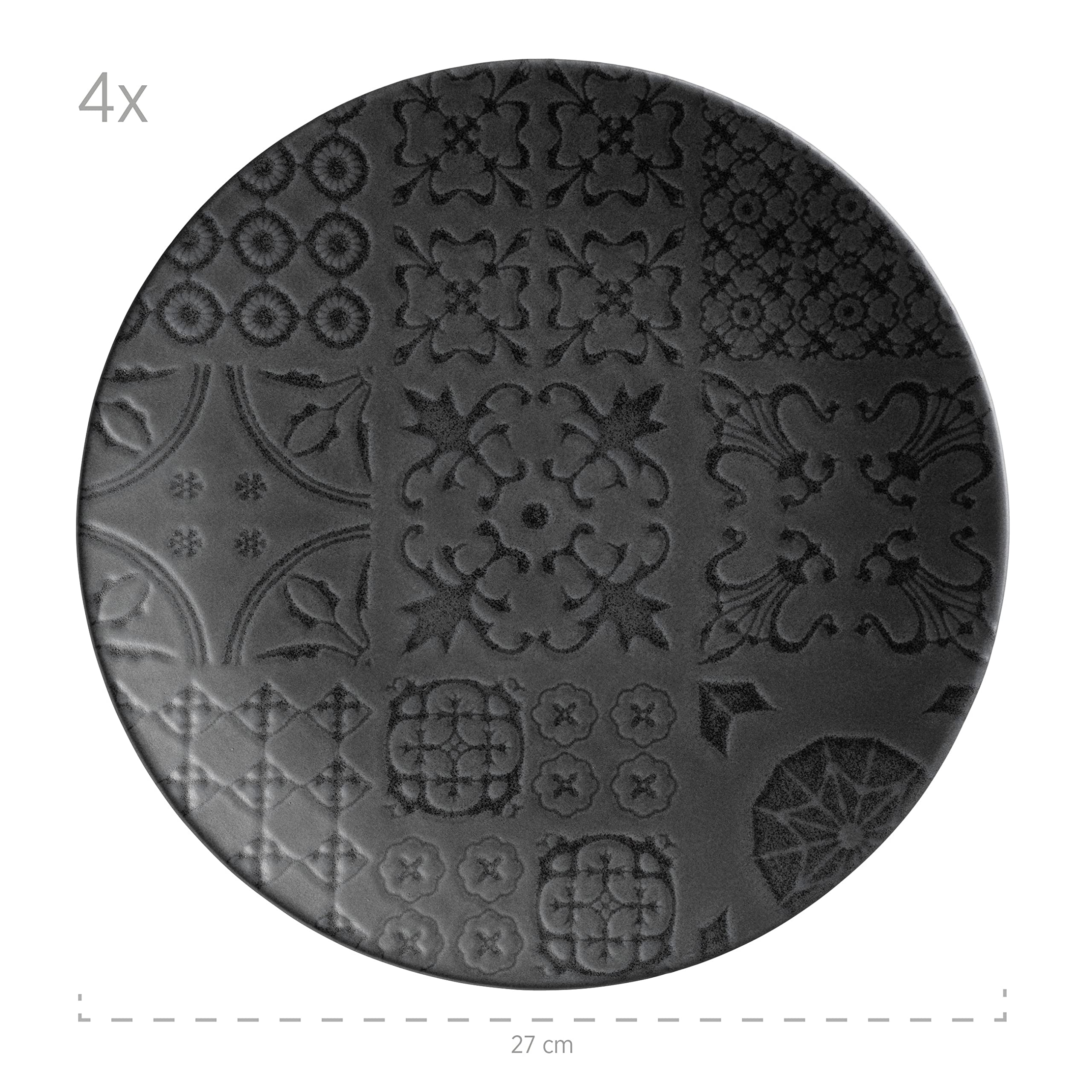 MÄSER 935076 Serie Tiles Vintage Tafelservice für 4 Personen im maurischen Stil mit moderner Mattglasur, 12-teiliges Keramikgeschirr Teller Set, Steinzeug, Schwarz