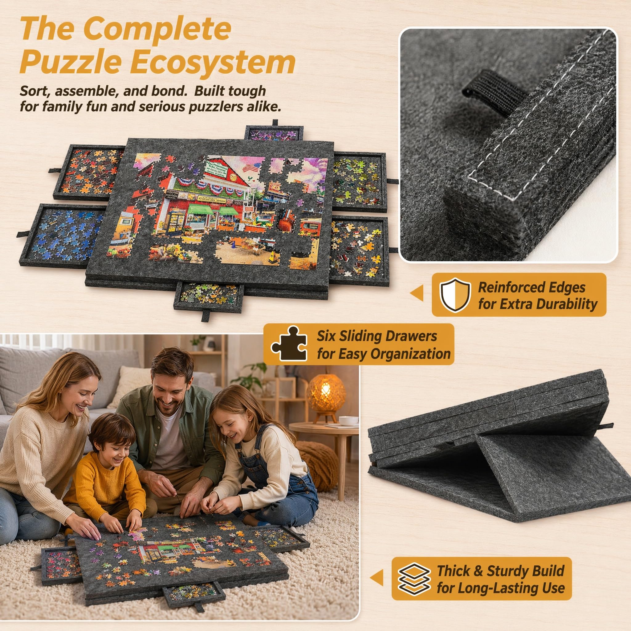 Stół do puzzli z 6 szufladami i pokrywą, przenośny organizer do puzzli z filcu ze stojakiem 2 w 1, regulowany stół do puzzli, na maks. 1000 części, idealny do sortowania i przechowywania (ciemnoszary)