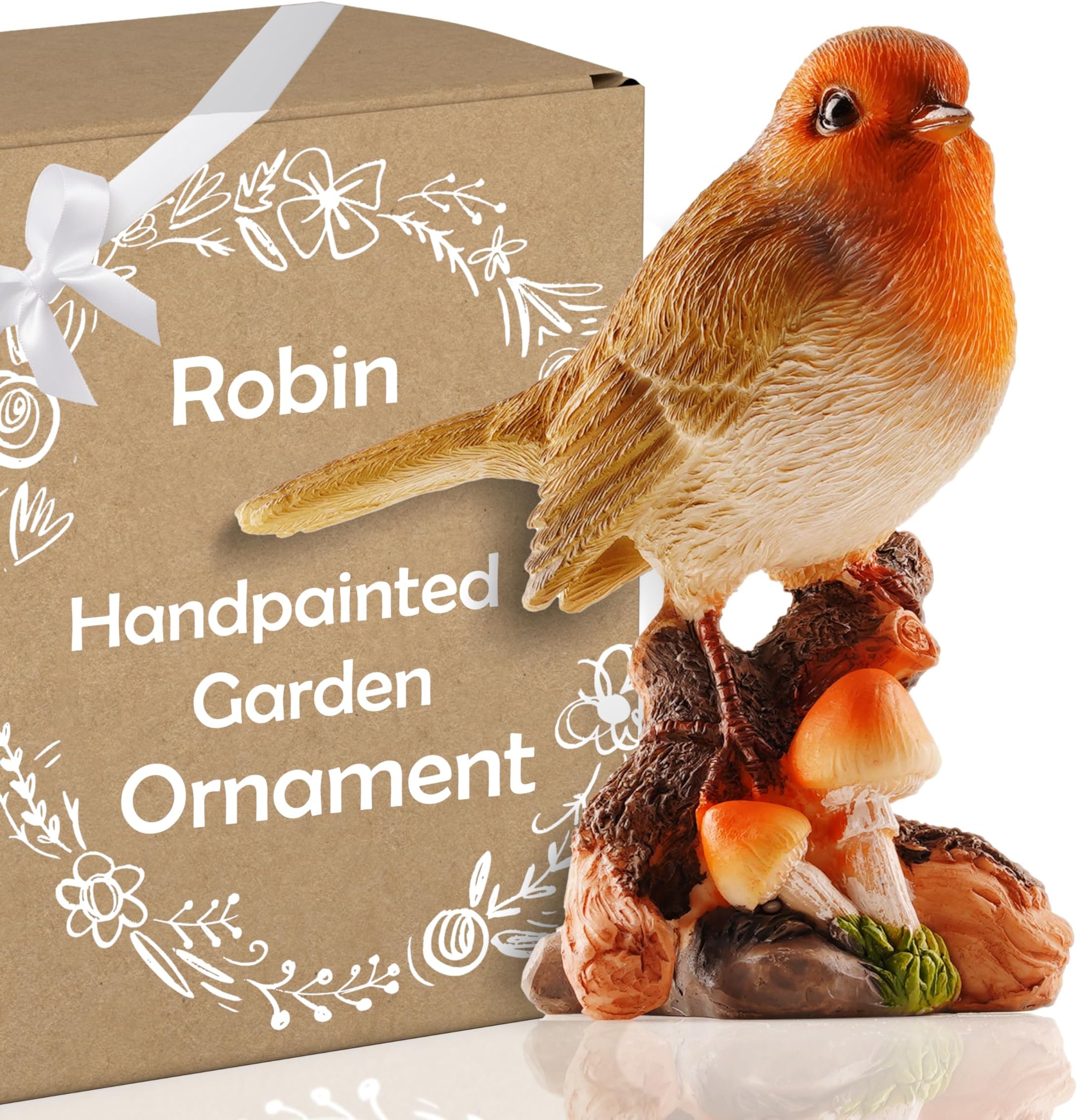 Muldale Robin Garden Ornament with Mushrooms - Lifelike Red Bird Figurine - 13cm Resin Statue - Great for Outdoor - Cute Robin Gifts