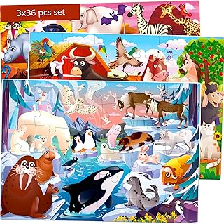 Puzzles for Toddlers 3-5 â€“ 3 x 36 Pieces Floor Puzzles for Kids Ages 2-4 by QUOKKA â€“ 12 Toy 3D Figures Learning Farm Animals for 4-6 â€“ Jigsaw Game for Boy and Girl 3-5-7 Year Old