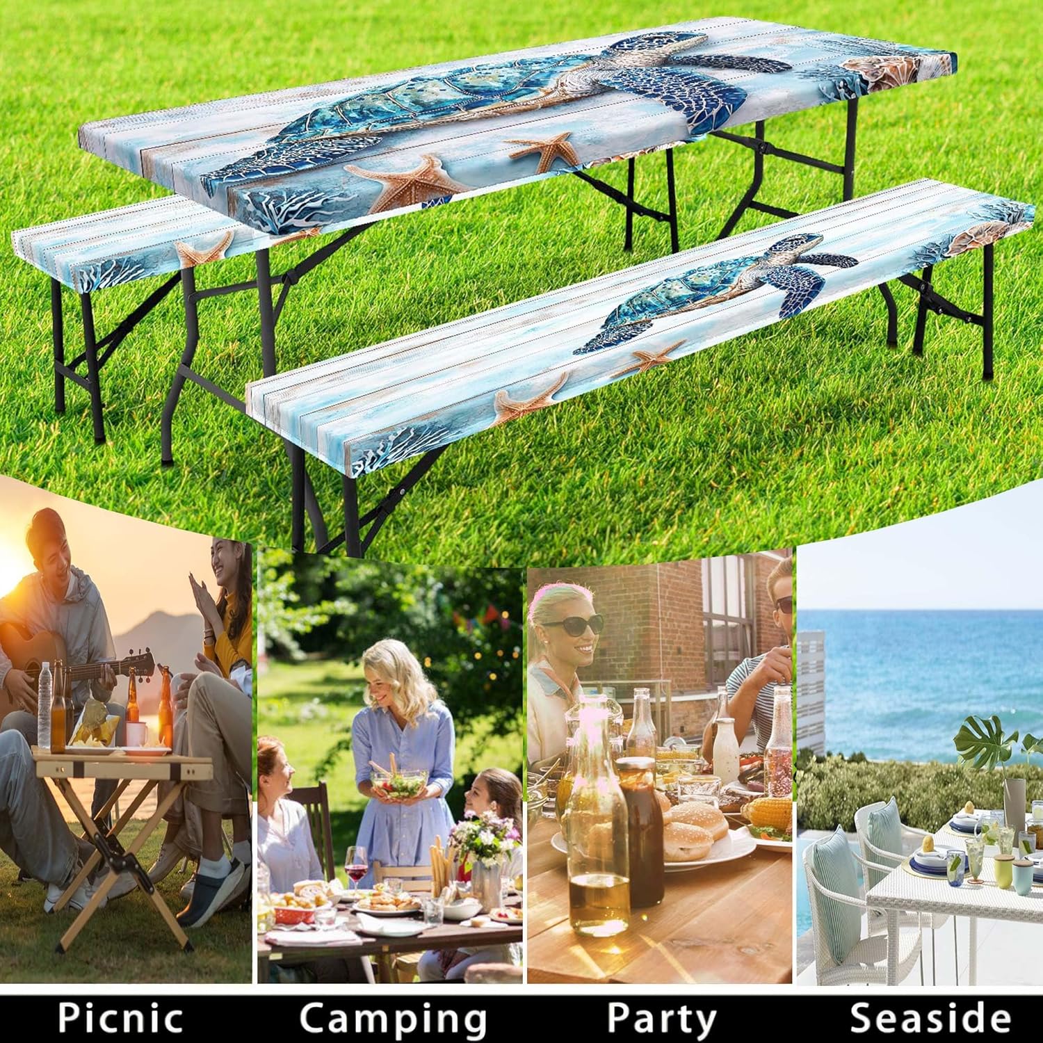 Picnic Table Cover with Bench Covers, Waterproof Windproof Fitted Outdoor Tablecloth with Elastic Rectangle Table Camping Must Haves Rv Accessories, 72in, Blue Wooden