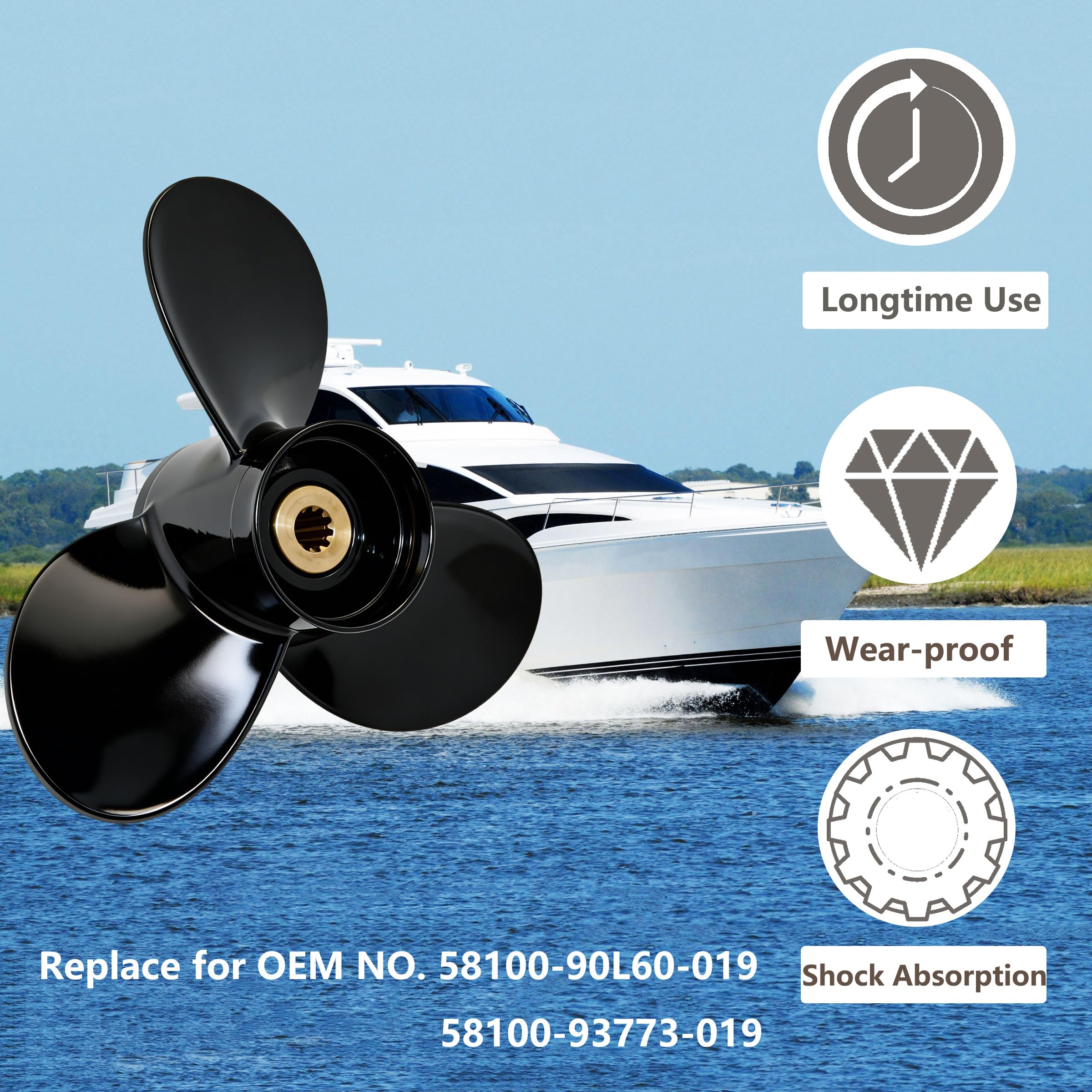 PETUSI Boat Outboard Propeller 9 1/4x10 9 1/4x7 9 1/4x8 9 1/4x9 9 1/4x11 9 1/4x12 for Suzuki DF8A/9.9/9.9A/15/15A/20A DT9.9/15/15C HP Engines, 10 Tooth Spline Aluminum Boat Motor Prop, 3 Blade, RH
