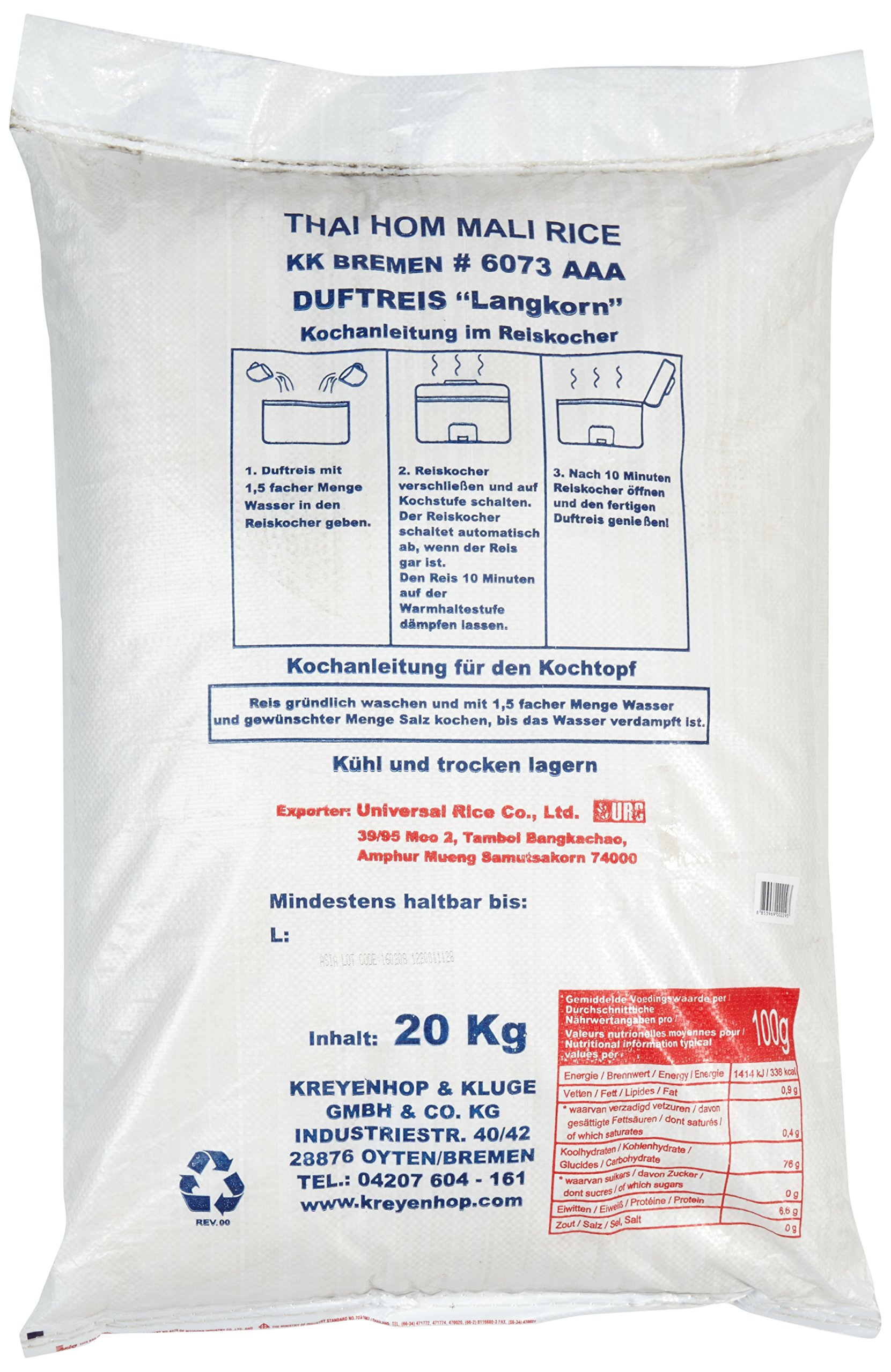 Aroy-D Duftreis, Langkorn Reis 100%, 1er Pack (1 x 20 kg)