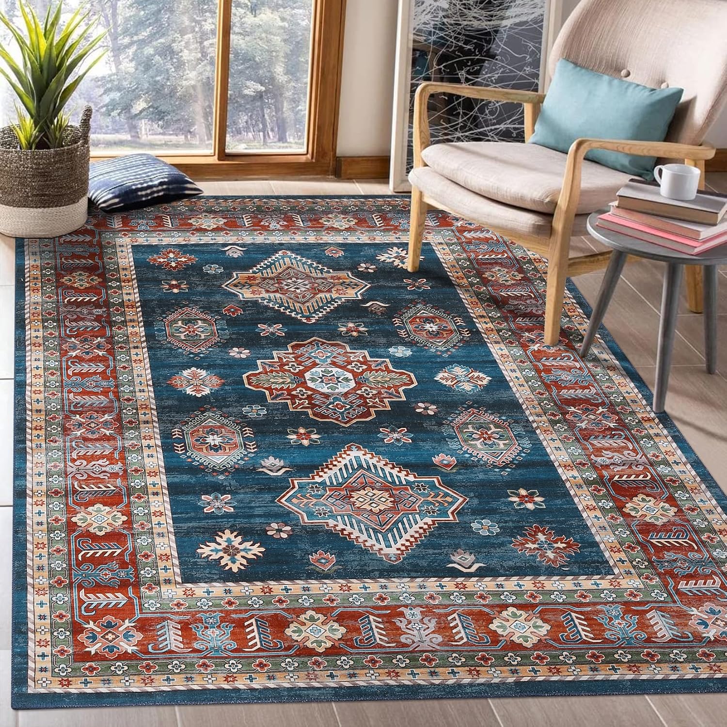 WESTLOOM 5x7 Washable Rug Vintage Rug Non-Slip Indoor Floor Carpet Stain Resistant Boho Accent Area Rug for Living Room Bedroom Kitchen, Blue 5 x 7 Feet Vintage-blue/Red
