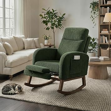 High-Back Rocking Chair with Foot Rest and Glider Mechanism Nursery and Home Lounge Chair for Relaxation, Upholstered with Solid Wood Base, Green