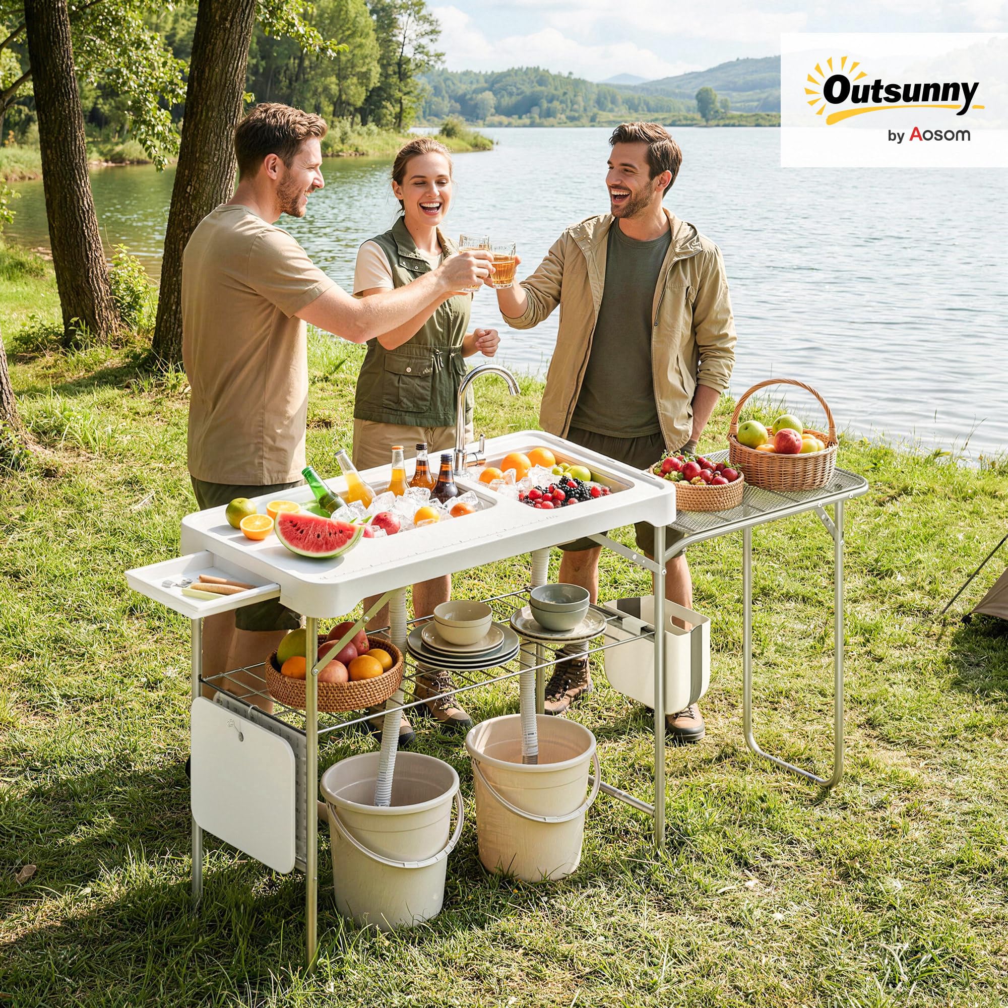 Outsunny Table de Nettoyage Portable pour Poisson, Table Pliante de Camping avec 2 éviers, Robinet, Tuyau, étagère latérale, Grille, tiroir, Panier, règle, rainures, Station de Nettoyage pour la