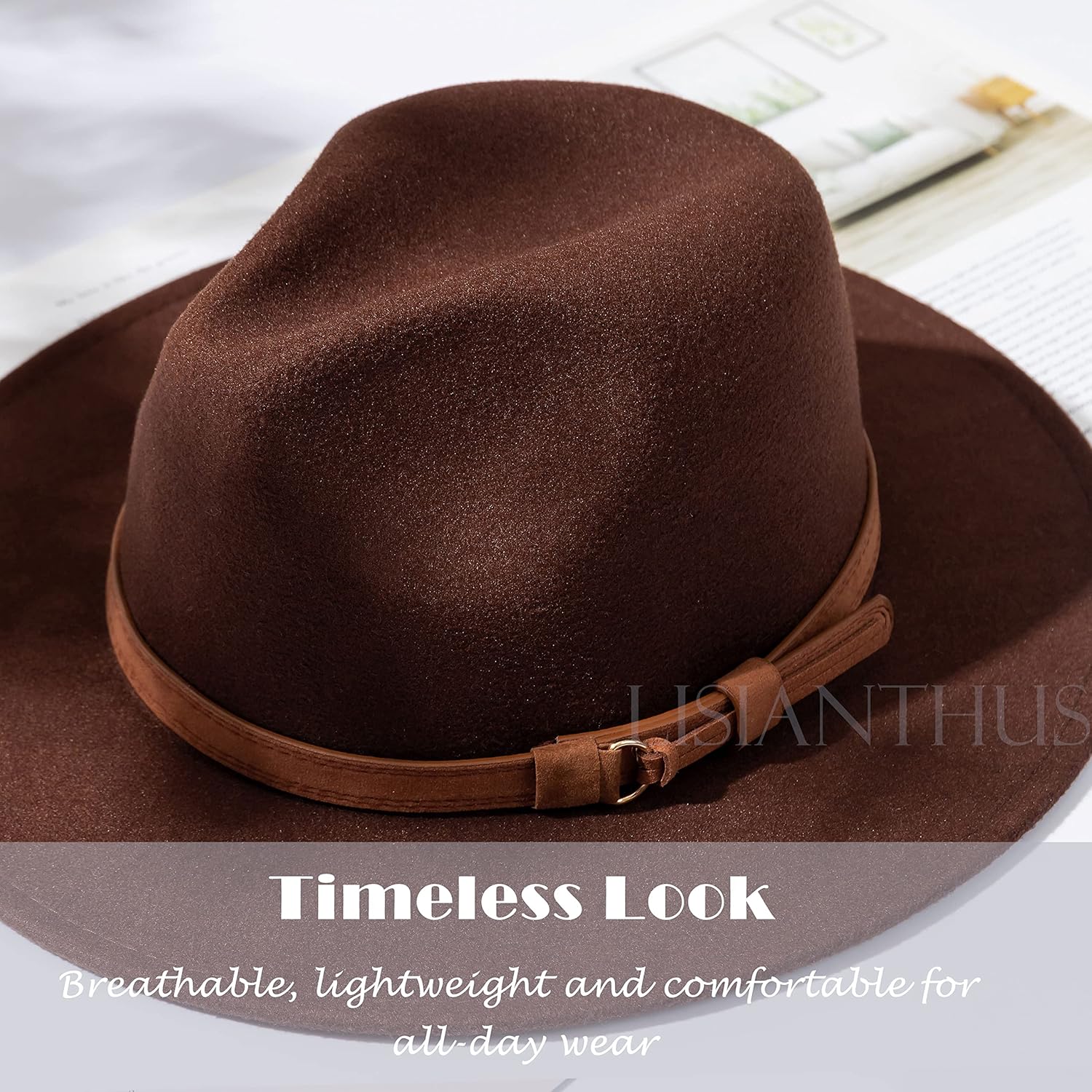 Lisianthus Men & Women Vintage Wide Brim Fedora Hat with Belt Buckle - Image 6