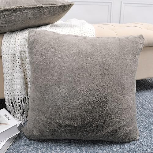 Miniatura 55 de Juego de 2 fundas de almohada de piel sintética de conejo de 20 x 20 pulgadas, fundas de almohada cuadradas decorativas de felpa peludas acogedoras