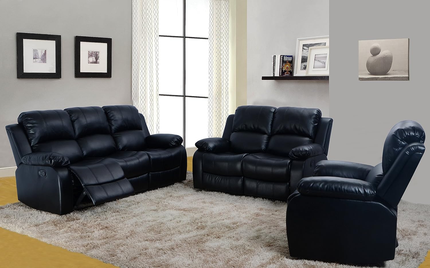 Beverly Fine Furniture Huntington 3-Piece Black Bonded Leather Sofa & Loveseat & Chair 1 Set with 5 Recliners