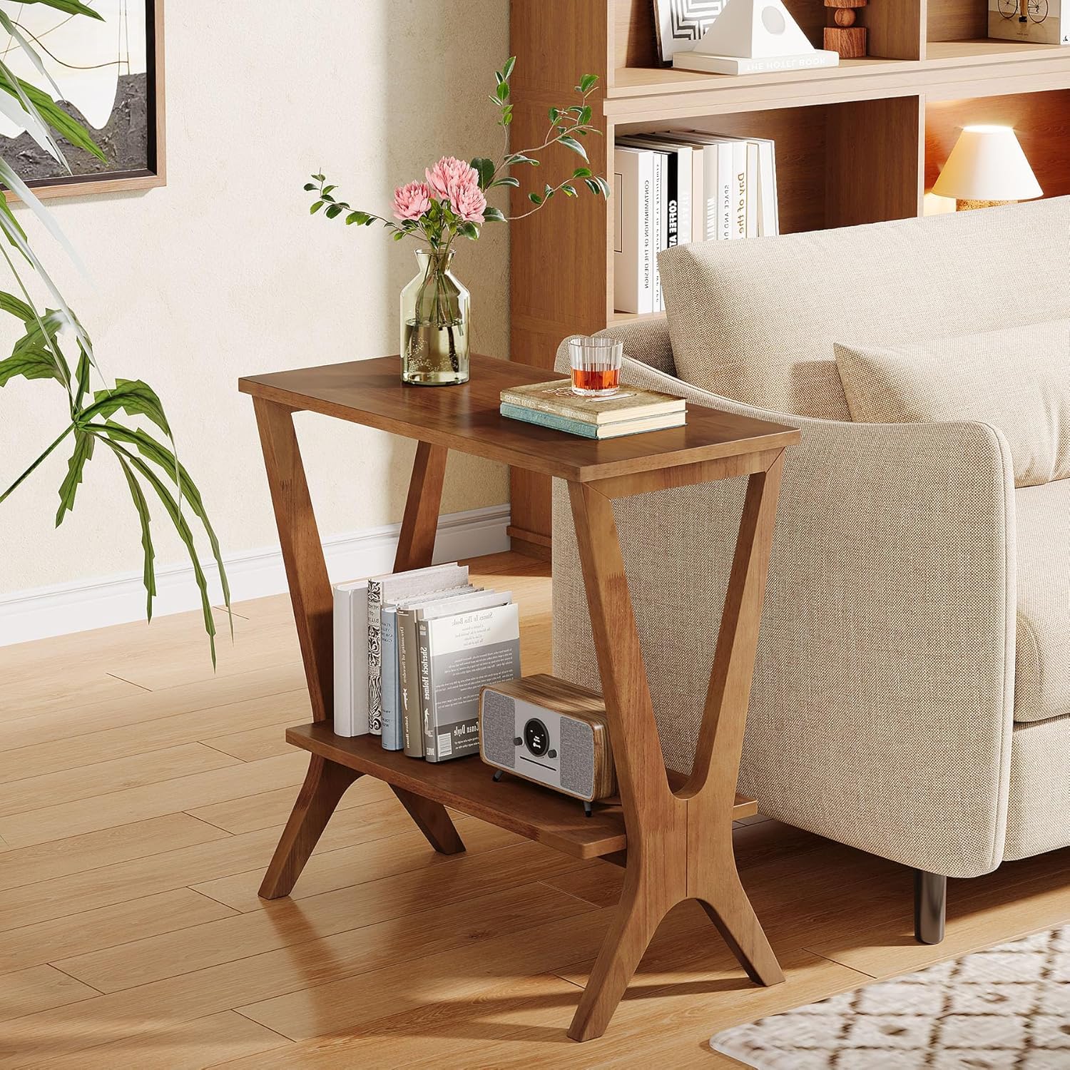 Solid Wood End Table for Living Room, 2-Tier Storage Shelves Sofa Couch Side Table with Sturdy Legs, Wooden Narrow Retro Nightstand for Small Spaces, Bedroom, Apartment
