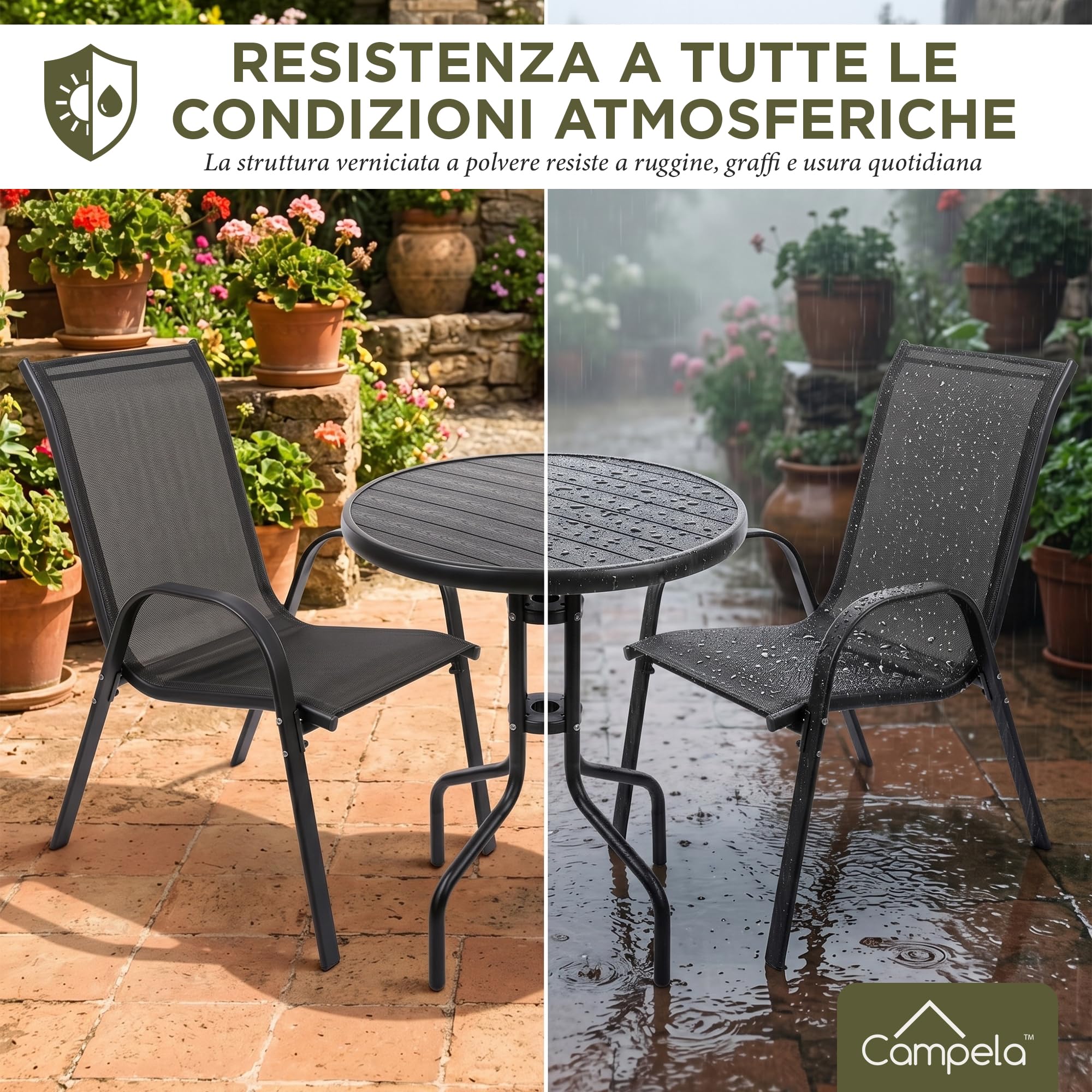 CA1045 Set bistrot da balcone – Tavolo rotondo con 2 sedie impilabili – Struttura in acciaio verniciato, sedute in textilene – Per esterni, grigio scuro