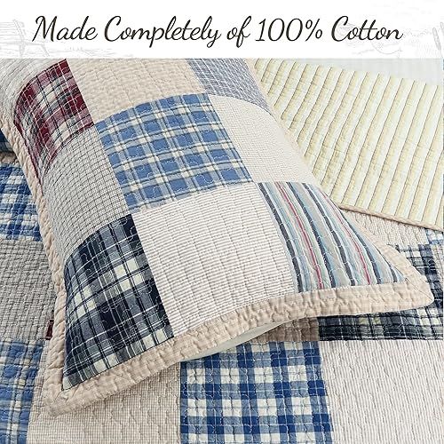 Vista 26 de Cozy Line Home Fashions Daniel Denim - Juego de ropa de cama reversible de algodón a cuadros azules Retazos verdes,Patchwork azul,Patchwork