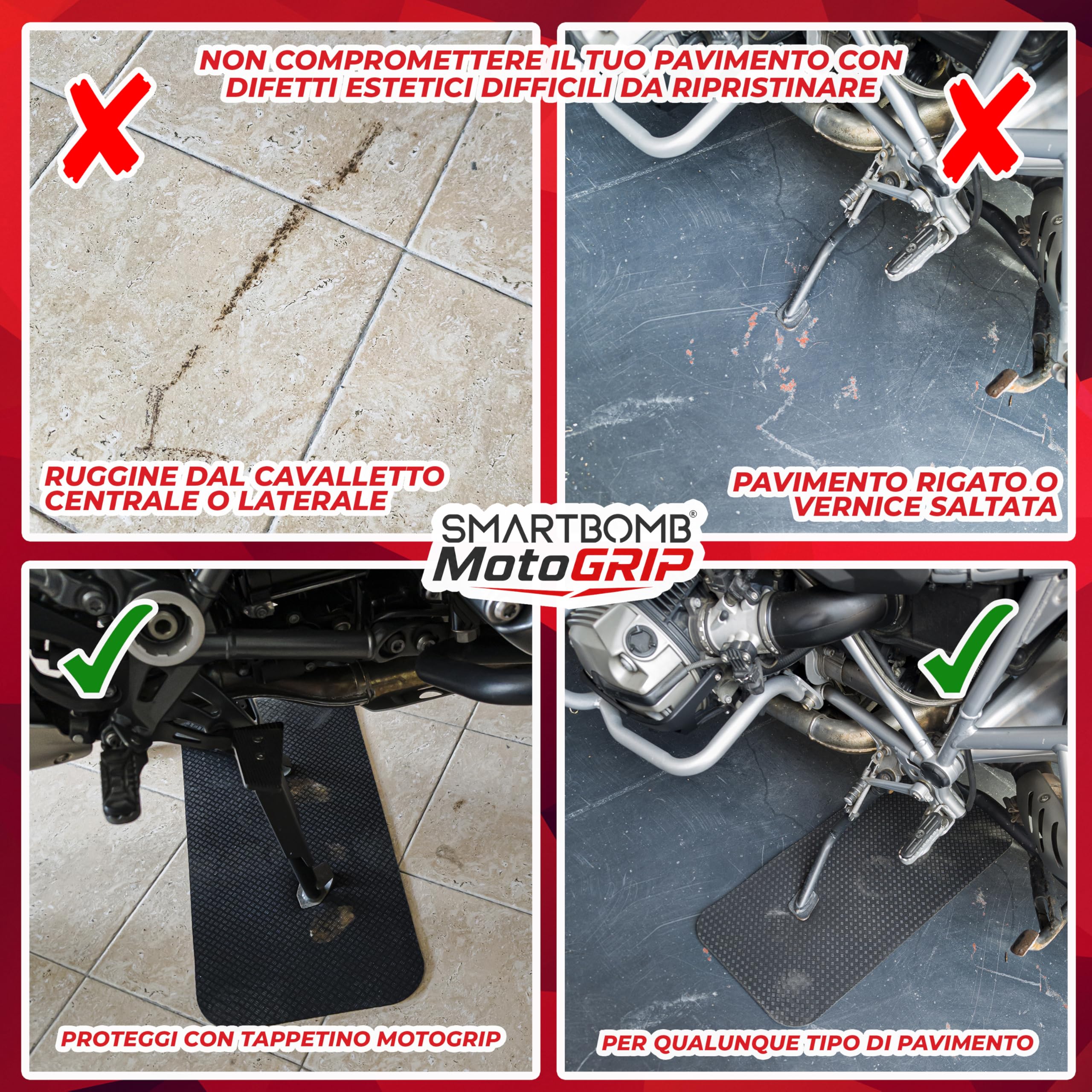 Smartbomb® MotoGrip – Tappetino Protettivo Antiscivolo per Cavalletto Centrale Moto e Scooter Proteggi pavimento in Silicone resistente 6mm 64x30cm