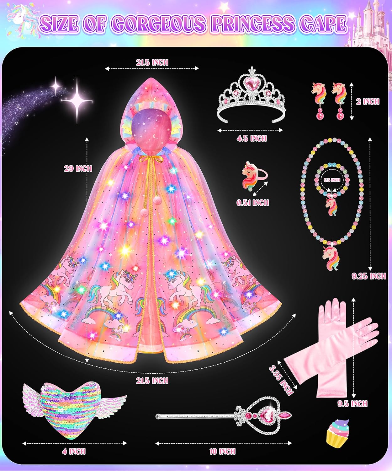 Jeowoqao Princess Dress up for Girls 4-6, Light up Princess Cape with Crown Gloves Princess Toys for Girls 3-6 Halloween - Image 4