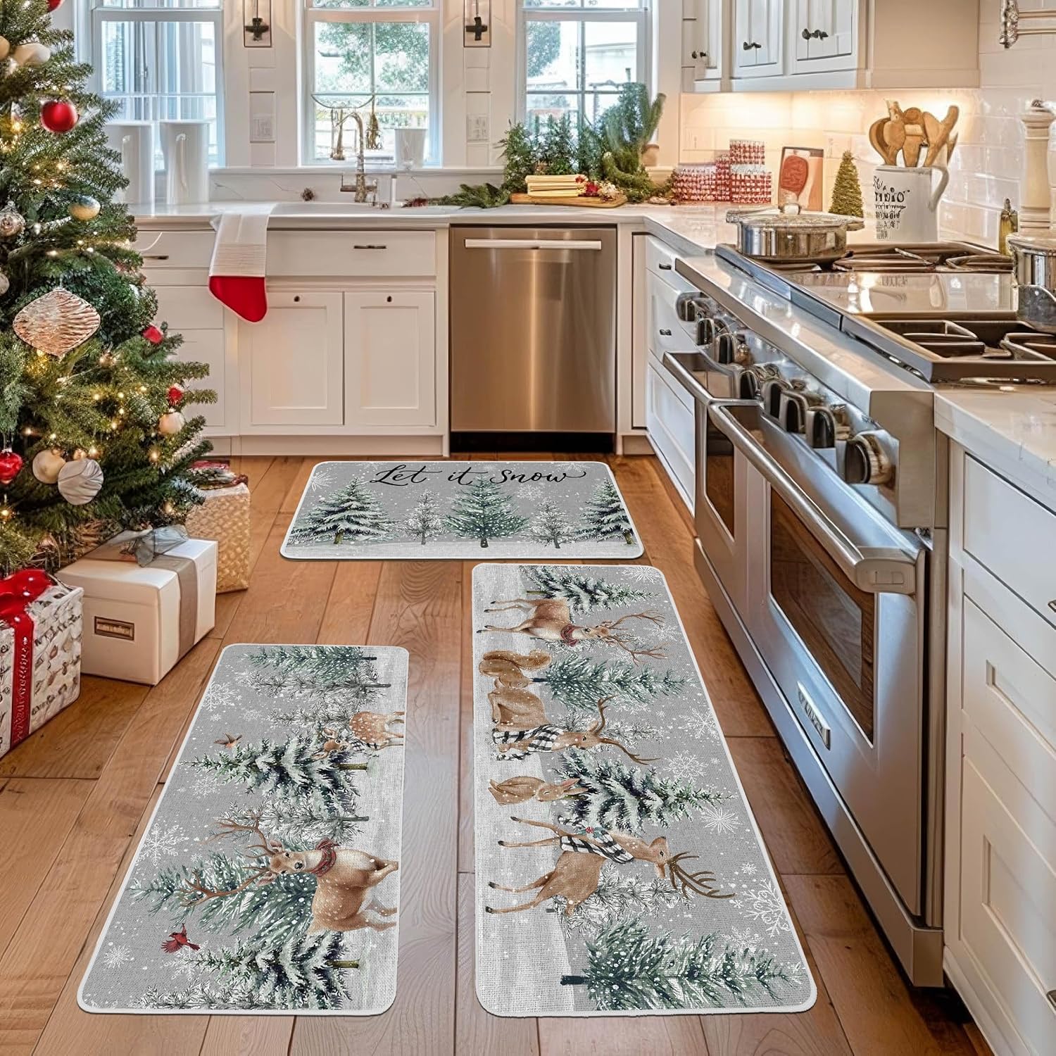 Baccessor Christmas Winter Kitchen Rugs Set of 3, Snowy Pine Tree Deer Cardinal Snowflakes Kitchen Mats Washable Non Slip Rubber Backing Xmas Farmhouse Home Floor Holiday Indoor Laundry Decor