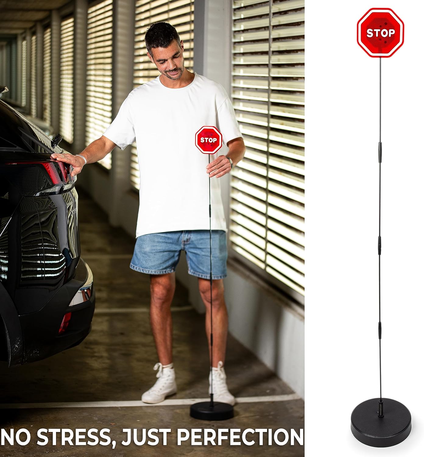 VaygWay LED Flashing Stop Sign Parking Assistant for Garage– 7” Large Bright Red Sign, Adjustable Height- Garage Warning Car Stop Indicator Sensors for Vehicles- Bumper Guard for Driveaway