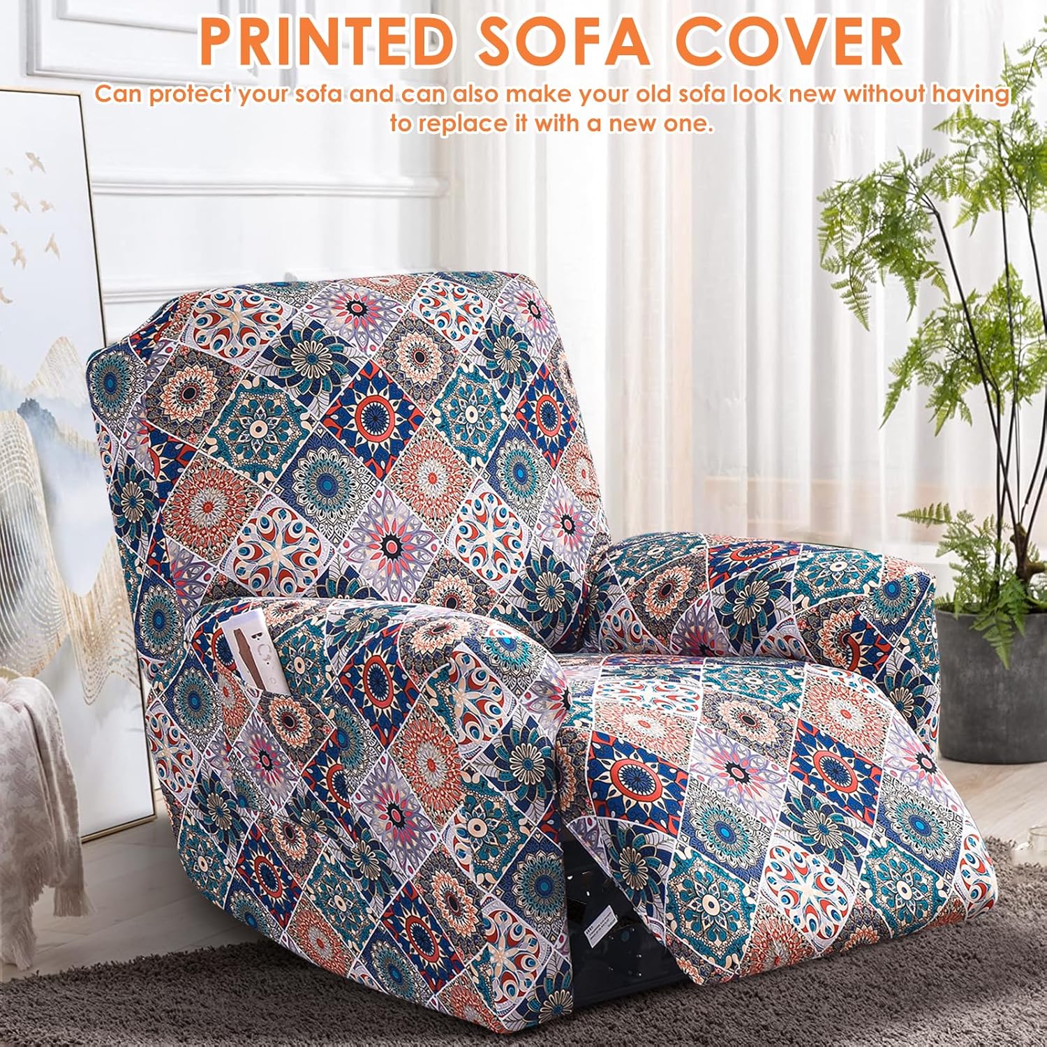 Recliner Chair Cover, Anti-Scratch Lazy Boy Recliner Cover, Stretching Printed Sofa Slipcovers with Pockets, 4 Pieces Elastic Bottom Couch Covers Slipcover for Reclining Chair, Machine Washable
