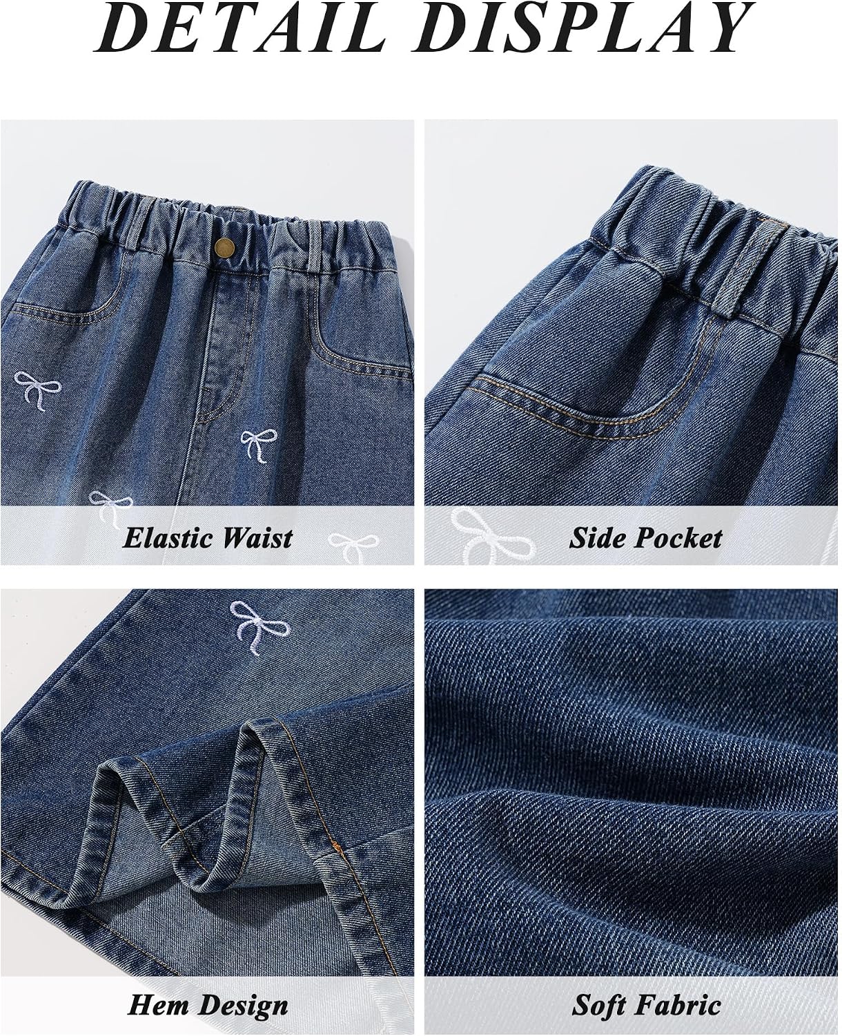 Girl's Denim Skirt Casual Midi Knee Length Skirts High Elastic Waist A Line Jean Skirts with Pockets