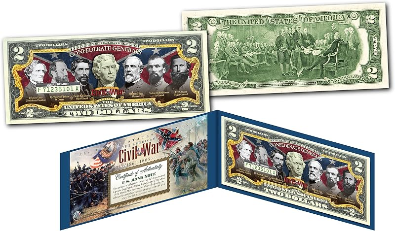 Confederate Generals American Civil War Uncirculated Two Dollar Bill Special Edition Collectible Display Holder and Certificate