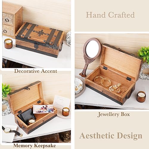 Miniatura 2 de Ajuny Cofre del tesoro de madera hecho a mano, caja de recuerdo vintage y joyería con tiras de concha, almacenamiento de regalo multiusos para