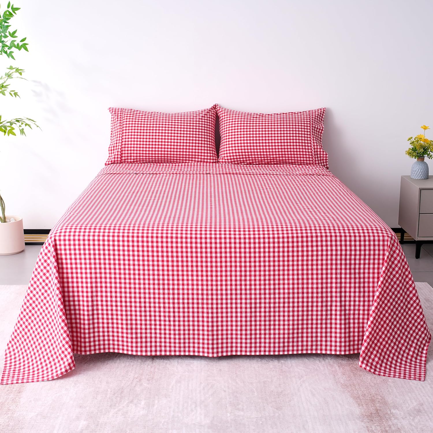 Cotton Checkered Full Size Sheets Set 3 Piece, Red Gingham Bed Sheet 100% Cotton Luxury, Breathable & Cooling Sheets Full Size Bed Set Deep Pockets Upto 16" Red & White Plaid Sheets