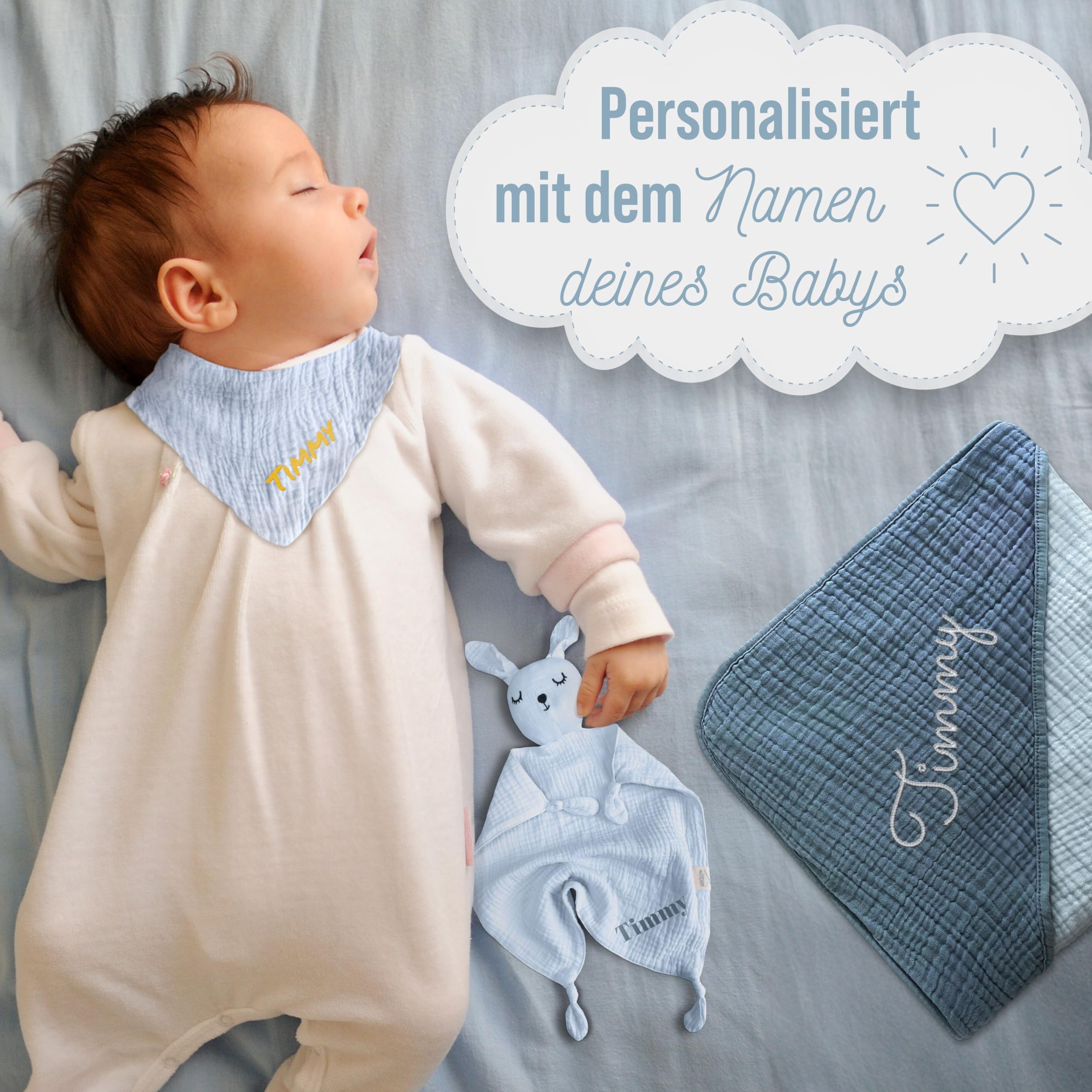 Newborn - Set regalo personalizzato per neonati in morbida mussola (azzurro, personalizzato) con nome ricamato, Oeko-TEX® Standard 100, 3 pezzi