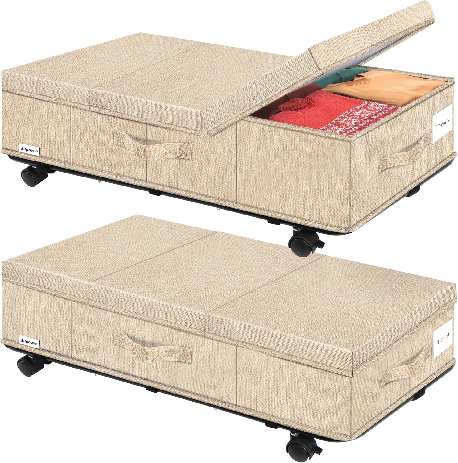 Under Bed Storage with Wheels, Rolling Underbed Storage Containers with Lids, Under Bed Shoe Storage Bins Organizer with Reinforced Metal Bottom Support and Three Handles