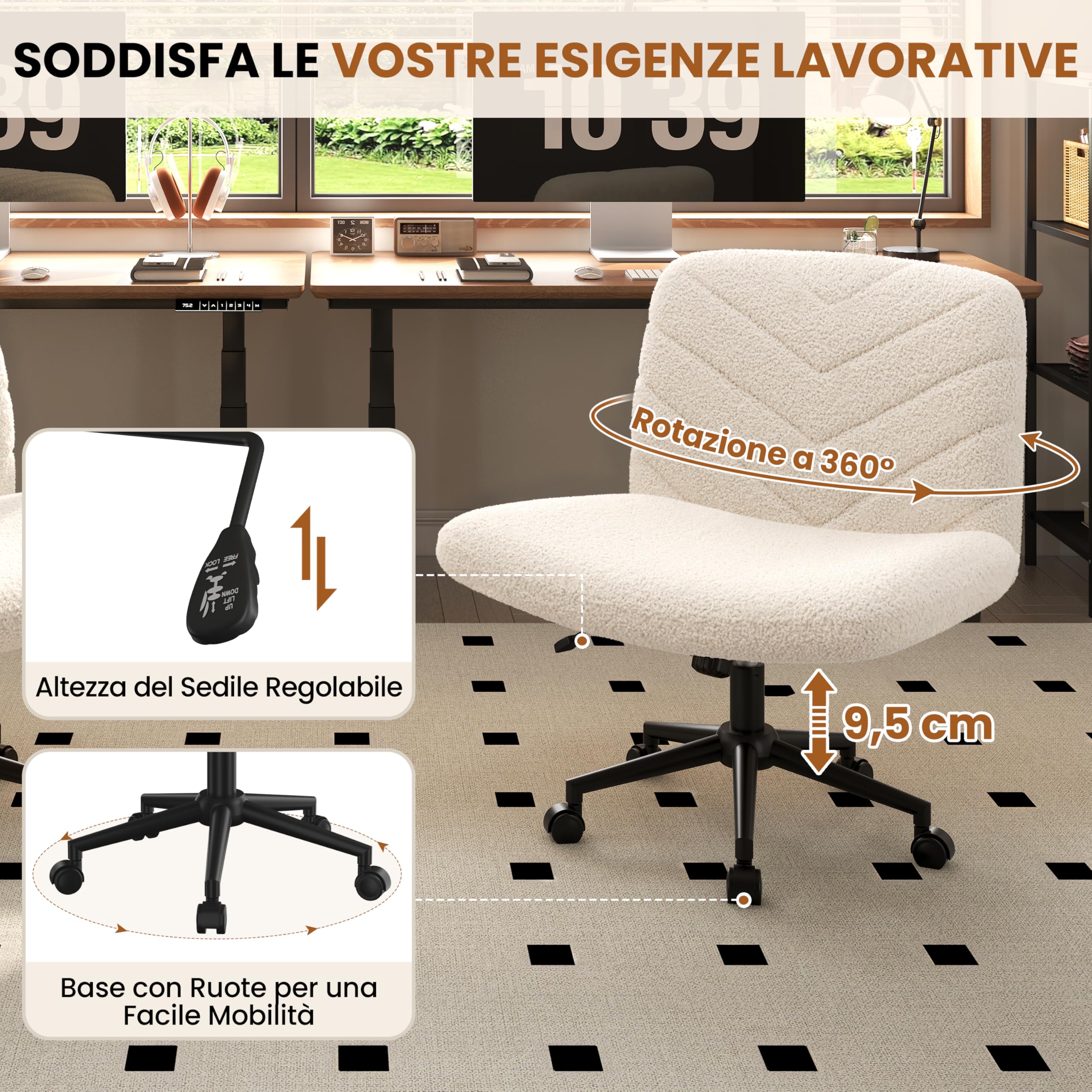 Yaheetech Sedia Ufficio Scrivania Girevole con Ruote Senza Braccioli in Tessuto Schienale Reclinabile con Ampio Cuscino Altezza Regolabile, per Studio Camera, Avorio