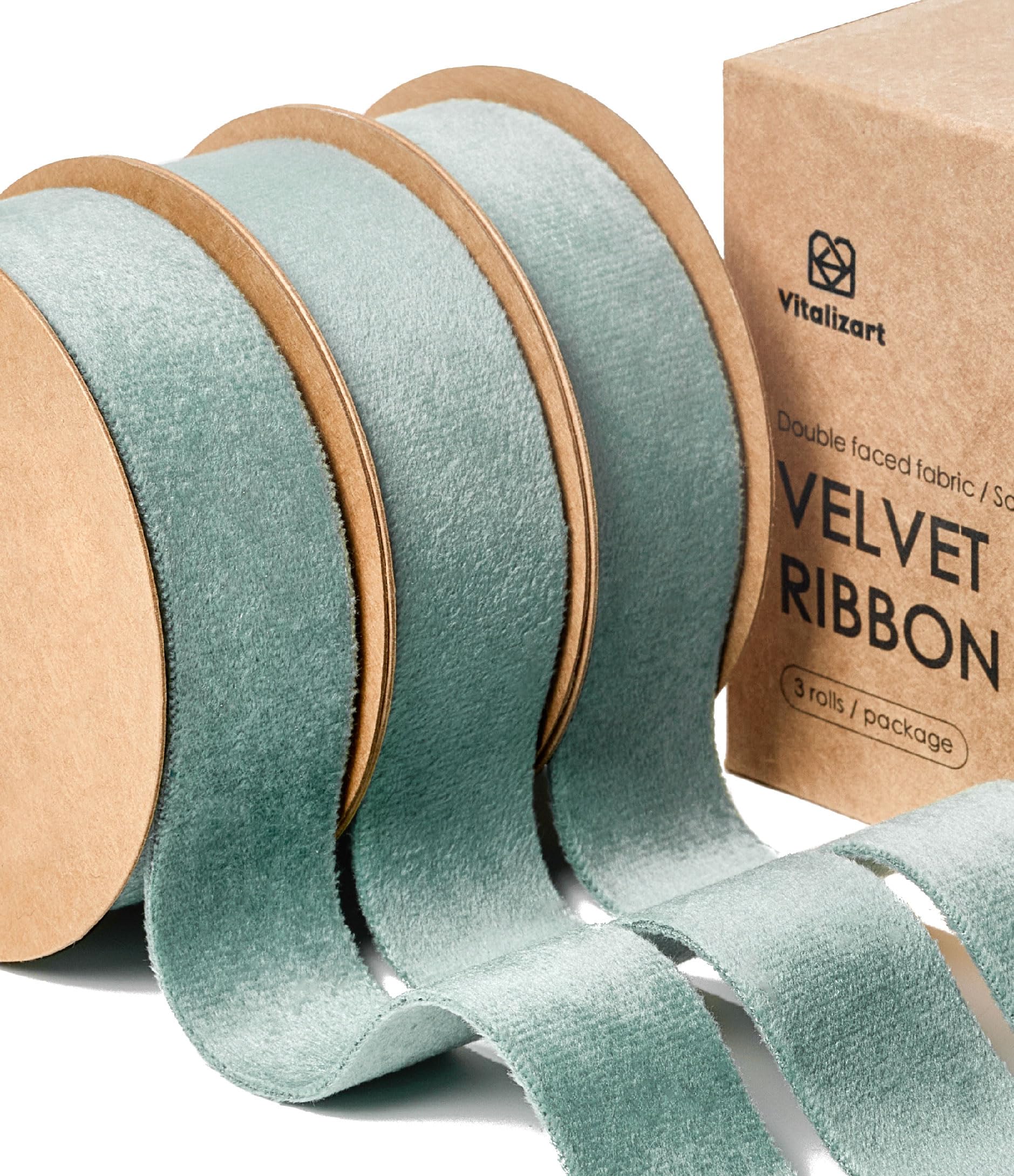 Vitalizart Dusty Green Velvet Ribbon Set 1 Inch x 15 Yards Double-Faced