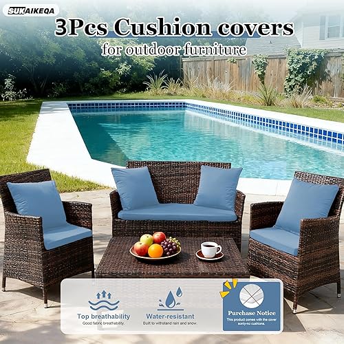 Miniatura 2 de Fundas de cojín para patio al aire libre, juego de 3 fundas de cojín de tela elástica (azul polvoriento, 3 fundas de cojín de asiento, 4 fundas de