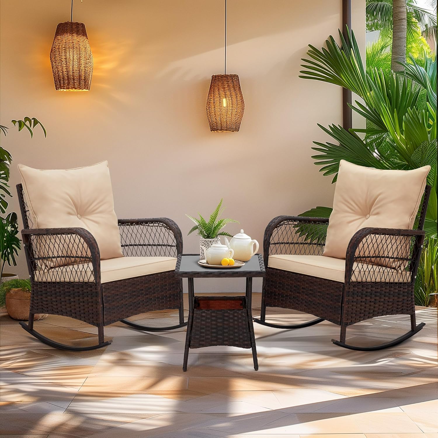 MELLCOM 3 Piece Patio Set, Rocking Chair Outdoor with Thick Cushions and Glass Table for Balcony Front Porch Poolside Garden Deck, Beige