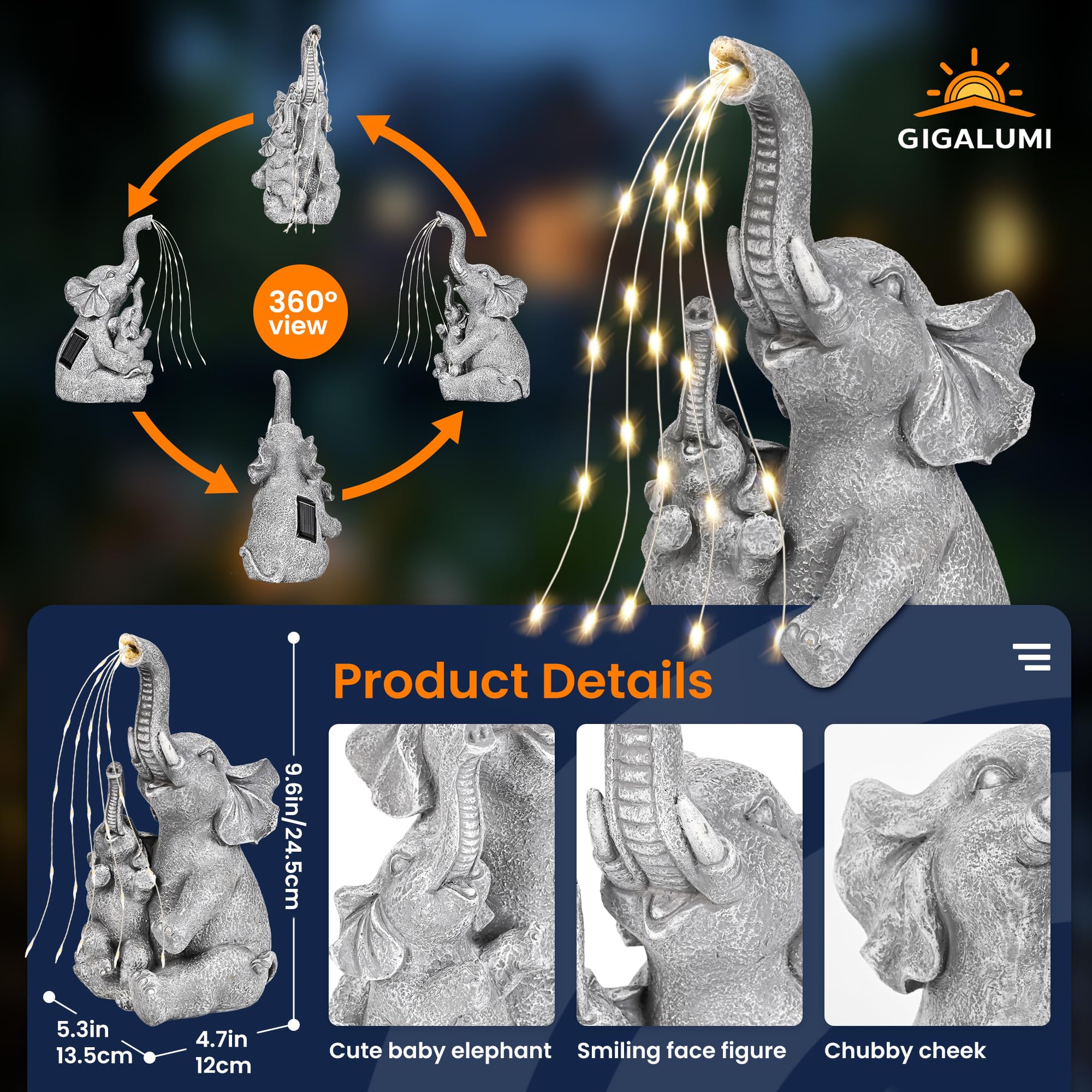 GIGALUMI Statues solaires de Jardin en Forme d'éléphant pour extérieur, Cour, décoration de Jardin, Cadeaux Uniques pour Maman, pour Femme, décoration d'éléphant pour terrasse